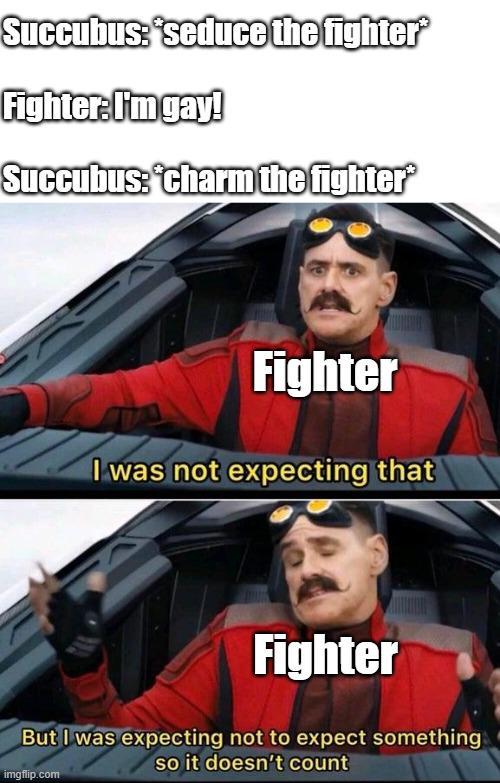Succubus: seduce the fighter Fighter: I'm gay! Succubus: 'charm the fighter Fighter I was not expecting that Fighter But I was expecting not to expect something so it doesn't count imgflip.com