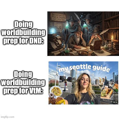 Doing worldbuilding prep for DND: BURAUCAMPEO MAGA RIVEND LED Doing worldbuilding prep for VtM: my seattle guide imgflip.com 10:14