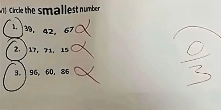 1) Circle the smallest number 1. 39, 42, 67 2. 17, 71, 15 3. 96, 60, 86 wlo