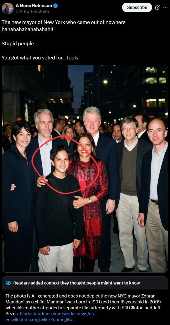The photo is AI-generated and does not depict the new NYC mayor Zohran Mamdani as a child. Mamdani was born in 1991 and thus 18 years old in 2009 when his mother attended a separate film afterparty with Bill Clinton and Jeff Bezos.