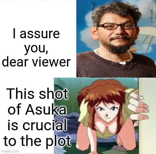 A version of the "I can assure you" meme. It is about a shot of Asuka in NGE.