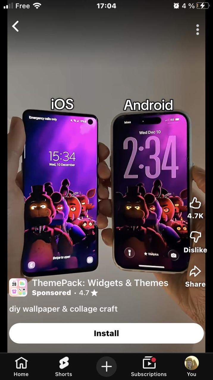 ■Free 17:04 4% < iOS Emergency calls only Android labas ill 50 15:34 Wed, 10 December Wed Dec 10 2:34 в 4.7K Swipe to open Dislike Wallpics 28 ThemePack: Widgets & Themes Sponsored - 4.7★ diy wallpaper & collage craft Install Share n + Home Shorts Subscriptions You