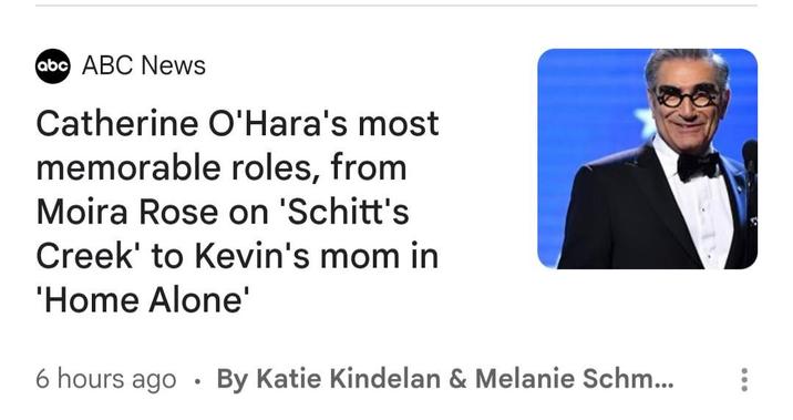 abc ABC News Catherine O'Hara's most memorable roles, from Moira Rose on 'Schitt's Creek' to Kevin's mom in 'Home Alone' 6 hours ago • By Katie Kindelan & Melanie Schm...