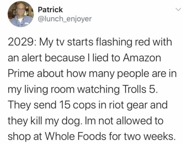 Patrick @lunch_enjoyer 2029: My tv starts flashing red with an alert because I lied to Amazon Prime about how many people are in my living room watching Trolls 5. They send 15 cops in riot gear and they kill my dog. Im not allowed to shop at Whole Foods for two weeks.