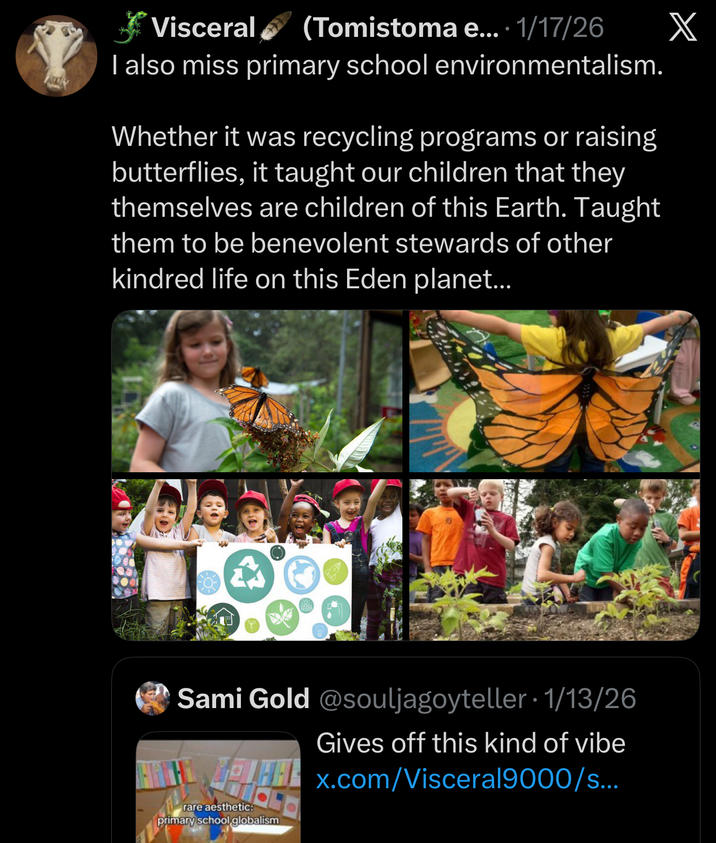 *Visceral (Tomistoma e.... 1/17/26 X I also miss primary school environmentalism. Whether it was recycling programs or raising butterflies, it taught our children that they themselves are children of this Earth. Taught them to be benevolent stewards of other kindred life on this Eden planet... Sami Gold @souljagoyteller • 1/13/26 Gives off this kind of vibe HRTH LHHX.com/Visceral9000/s... rare aesthetic: primary school globalism
