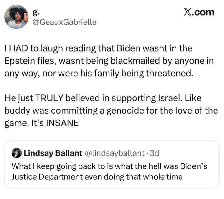 g. @GeauxGabrielle X.com I HAD to laugh reading that Biden wasnt in the Epstein files, wasnt being blackmailed by anyone in any way, nor were his family being threatened. He just TRULY believed in supporting Israel. Like buddy was committing a genocide for the love of the game. It's INSANE Lindsay Ballant @lindsayballant • 3d What I keep going back to is what the hell was Biden's Justice Department even doing that whole time