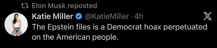 Elon Musk reposted Katie Miller @KatieMiller. 4h X The Epstein files is a Democrat hoax perpetuated on the American people.