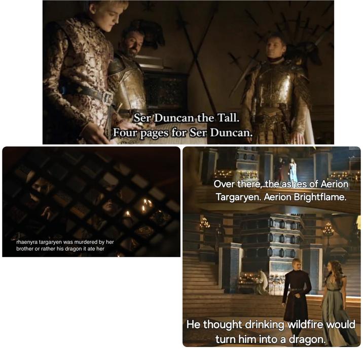 rhaenyra targaryen was murdered by her brother or rather his dragon it ate her Ser Duncan the Tall. Four pages for Ser Duncan. Over there, the ashes of Aerion Targaryen. Aerion Brightflame. He thought drinking wildfire would turn him into a dragon.
