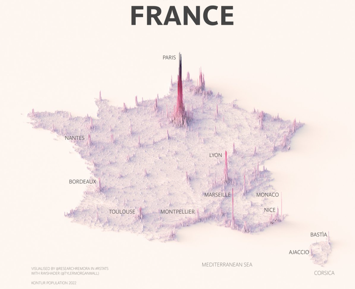 NANTES BORDEAUX VISUALISED BY @RESEARCHREMORA IN #RSTATS WITH RAYSHADER (@TYLERMORGANWALL) KONTUR POPULATION 2022 FRANCE PARIS TOULOUSE MONTPELLIER LYON MARSEILLE MONACO NICE AJACCIO MEDITERRANEAN SEA BASTIA CORSICA