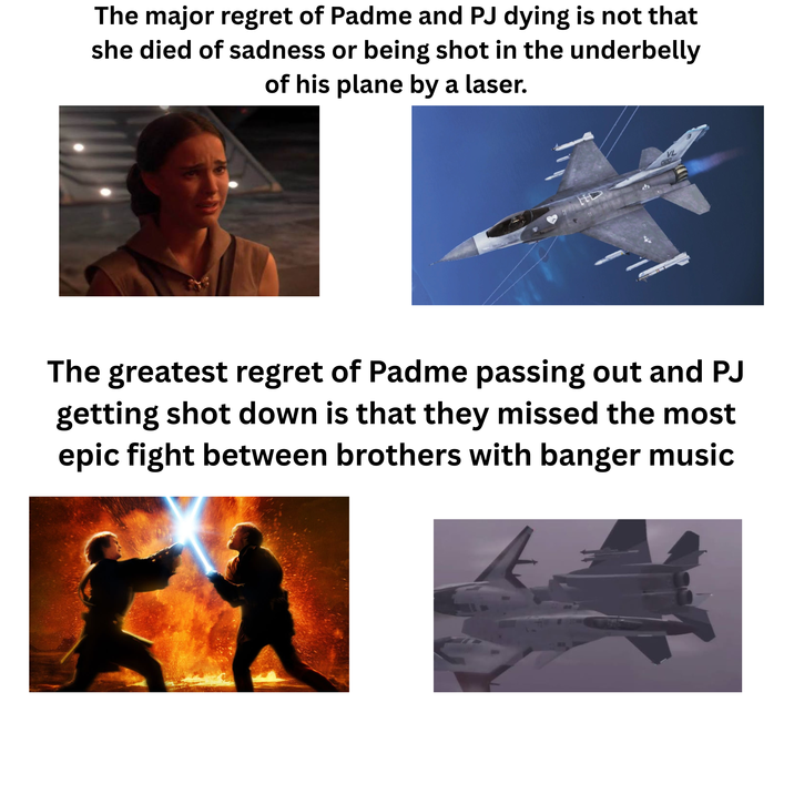 The major regret of Padme and PJ dying is not that she died of sadness or being shot in the underbelly of his plane by a laser. 020 HD VL The greatest regret of Padme passing out and PJ getting shot down is that they missed the most epic fight between brothers with banger music