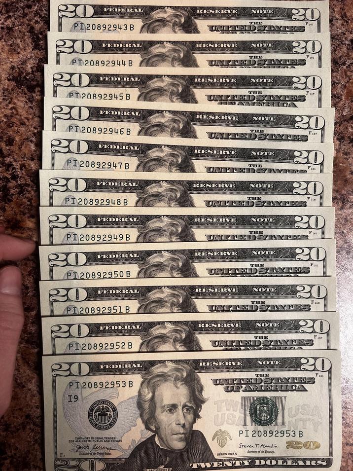 20 FEDERAL PI20892943 B 光 RESERVE FEDERAL 20 PT20892944 B 20 FEDERAL PT20892945 B FEDERAL PI20892946 B FEDERAL PI20892947 B 20 FEDERAL PI20892948 B 20 FEDERAL PI20892949 B 20 FEDERAL PI20892950 B 20 FEDERAL 20 PI20892951 B FEDERAL PI20892952 B 20 FEDERAL PI20892953 B 19 UNITED ERAL R THIS NOTE IS LEGAL TENDER FOR ALL DEBTS, PUBLIC AND PRIVATE Treasurer of the United States. MACKSON NOTE 20 THE F167 RESERVE THE 20 UNITED STATES F101 RESERVE NOTE 20 Fa18 THE UNITED STATES AMERICA RESERVE NOTE THE 20 F167 UNITED STATES RESERVE NOTE THE 20 F101 ONENES MANICS RESERVE NOTE THE 20 Faie UNITED STATES RESERVE NOTE THE 20 F167 UNINED STANHO RESERVE NOTE 20 THE UNITED STATES F101 RESERVE NOTE THE 30 Fale ONLINED STATES RESERVE NOTE THE 20 F167 UNITED STATES RESERVE NOTE THE 20 F101 UNINED STANDS OFAMERICA TW USA TY SERIES 2017 A PI 20892953 B Steven T. Mauchin Secretary of the Treasury. OLLARS