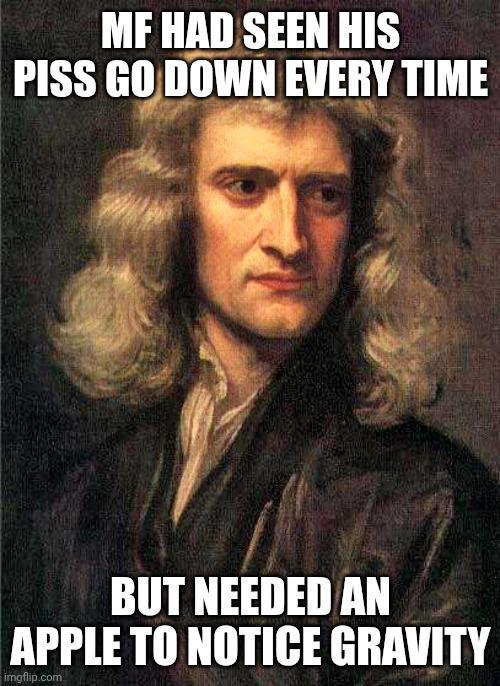 MF HAD SEEN HIS PISS GO DOWN EVERY TIME BUT NEEDED AN APPLE TO NOTICE GRAVITY imgflip.com