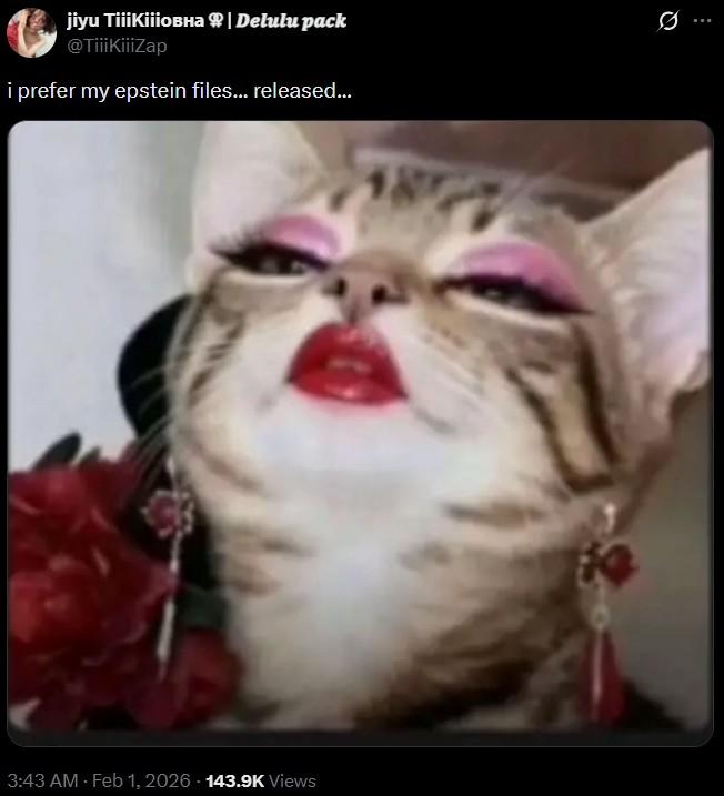 jiyu TiiiKiiioвнa | Delulu pack @TiiiKiiiZap i prefer my epstein files... released... 48 0 3:43 AM - Feb 1, 2026 143.9K Views