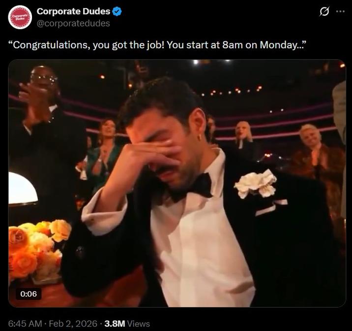 A Bad Bunny meme. The meme reads, “Congratulations, you got the job! You start at 8am on Monday…”