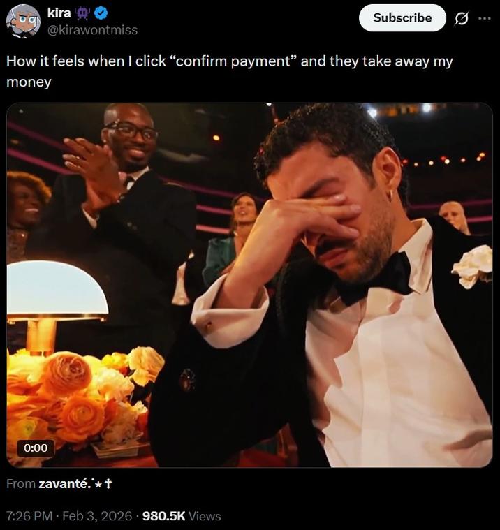 A Bad Bunny meme. It reads, "How it feels when I click “confirm payment” and they take away my money."
