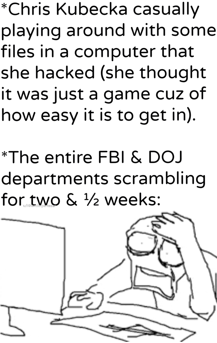 *Chris Kubecka casually playing around with some files in a computer that she hacked (she thought it was just a game cuz of how easy it is to get in). *The entire FBI & DOJ departments scrambling for & 1 weeks: u/Khantlerpartesar