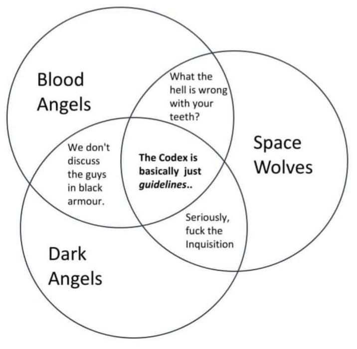 Blood Angels What the hell is wrong with your teeth? We don't discuss the guys in black armour. The Codex is basically just guidelines.. Seriously, f--- the Inquisition Dark Angels Space Wolves