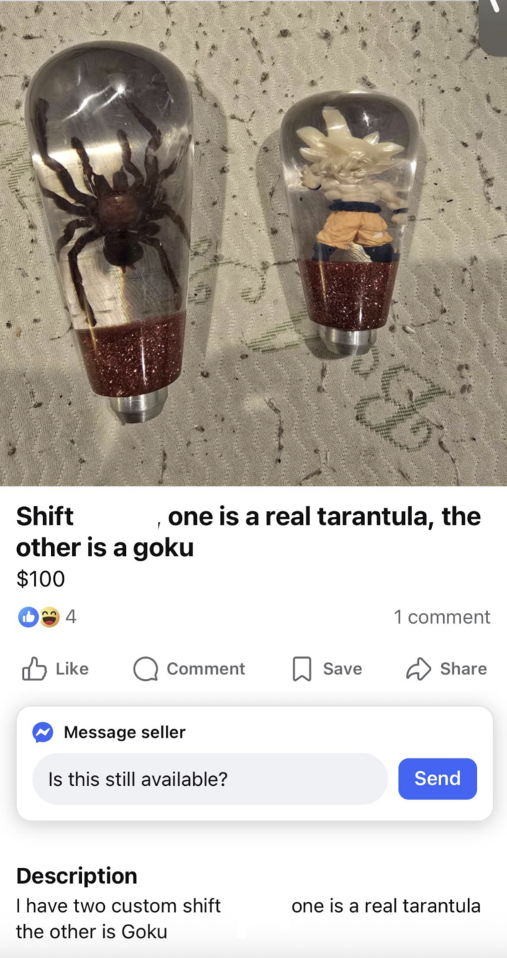Shift L , one is a real tarantula, the ་ other is a goku $100 ✓ Like Comment Save Message seller Is this still available? 1 comment Share Send Description I have two custom shift the other is Goku one is a real tarantula