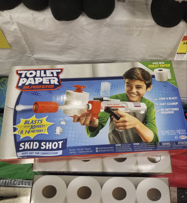 TOILET PAPER BLASTERS TM USES REAL TOILET PAPER SA digital coupon 10 BLASTS UP TO 30 FEET! (9.14 METERS) SKID SHOT WIPE OUT THE COMPETITION!" INCLUDES: 1 SKID SHOT BLASTER COMPREND: 1 FOUDROYEUR SKID SHOT LOAD & BLAST! SKID SHOT TOILET PAPER EASY CLEANUP NO BATTERIES REQUIRED 2NE NECESSITE PAS DE PILES CAUTION: Do not aim at eyes or face. Do not modify this product Never launch where people, animals or unintended objects may be struck ATTENTION: Ne pas diriger vers les yeux bu le visage. la Ne pas modifier ce produit. Ne jamais utiliser ou des personnes, des animaux ou des objets non destinés à cet effet pourraient être heurtés NO BATTERIES REQUIRED 10 PIECES/PIECES 8+ jakks A WARNING: A ATTENTION ADULT SUS FOR DETAILED SUPERVISION SUGGESTED AND SAFETY INFORMATION SURVELLANCE PAR UN MOO RECOMM VOR CONSO