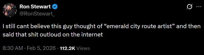 A tweet about JSN's new nickname. It reads, "I still cant believe this guy thought of “emerald city route artist” and then said that s--- outloud on the internet."