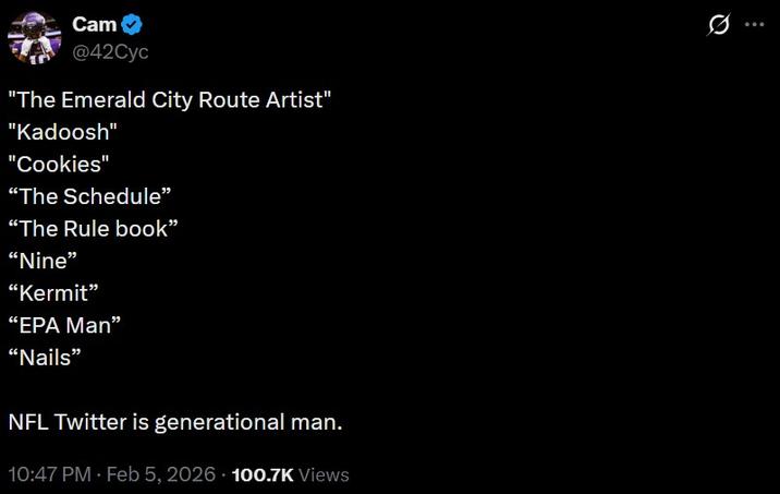 Cam @42Cyc "The Emerald City Route Artist" "Kadoosh" "Cookies" "The Schedule" "The Rule book" "Nine" "Kermit" "EPA Man" "Nails" NFL Twitter is generational man. 10:47 PM - Feb 5, 2026 100.7K Views