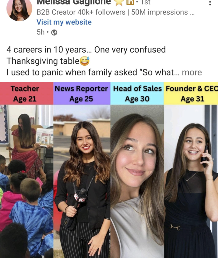 Melissa Gaglione in⚫ 1st B2B Creator 40k+ followers | 50M impressions ... Visit my website • 5h 0 4 careers in 10 years... One very confused Thanksgiving table I used to panic when family asked "So what... more Teacher Age 21 News Reporter Head of Sales Founder & CEO Age 25 Age 30 Age 31 JC