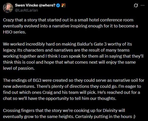 A post by Larian CEO Swen. He is happy about the BG3 show.