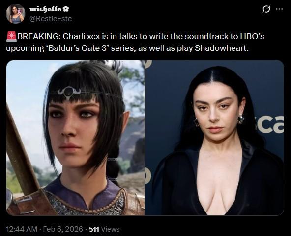 michelle ✿ @RestieEste BREAKING: Charli Xcx is in talks to write the soundtrack to HBO's upcoming *Baldur's Gate 3' series, as well as play Shadowheart. 12:44 AM - Feb 6, 2026 511 Views ca