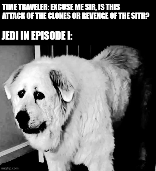 TIME TRAVELER: EXCUSE ME SIR, IS THIS ATTACK OF THE CLONES OR REVENGE OF THE SITH? JEDI IN EPISODE I: imgflip.com