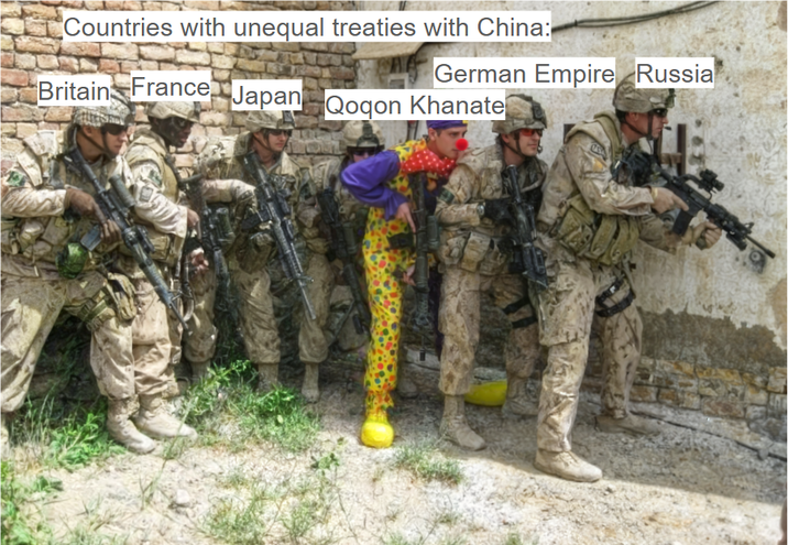 Countries with unequal treaties with China: German Empire Russia Britain France Japan Qoqon Khanate
