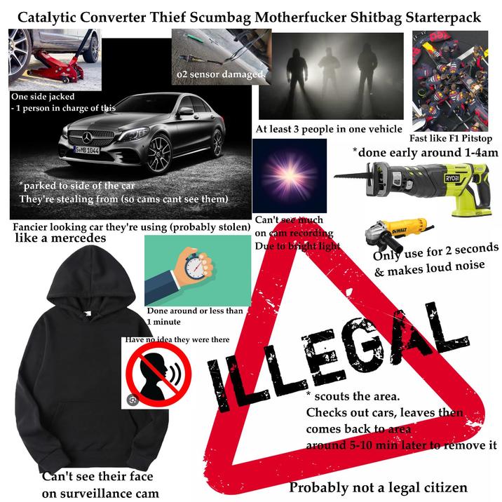 Catalytic Converter Thief Scumbag M----------- S------ Starterpack One side jacked - 1 person in charge of this 02 sensor damaged SoMB 1044 At least 3 people in one vehicle Fast like F1 Pitstop * *done early around 1-4am *parked to side of the car They're stealing from (so cams cant see them) Fancier looking car they're using (probably stolen) like a mercedes Done around or less than 1 minute Have no idea they were there Can't see much on cam recording Due to bright light DEWALT RYOBI BRUSHLESS ONE+ Only use for 2 seconds & makes loud noise ILLEGAL * scouts the area. Checks out cars, leaves then, comes back to area around 5-10 min later to remove it Can't see their face on surveillance cam Probably not a legal citizen
