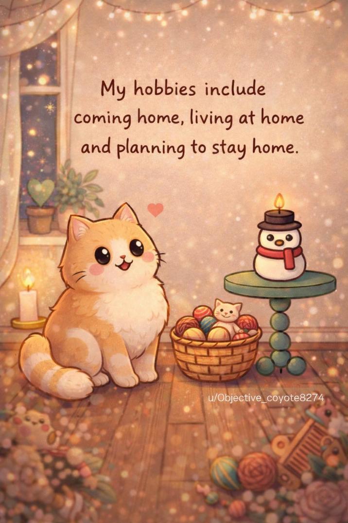 My hobbies include coming home, living at home and planning to stay home. u/Objective_coyote8274
