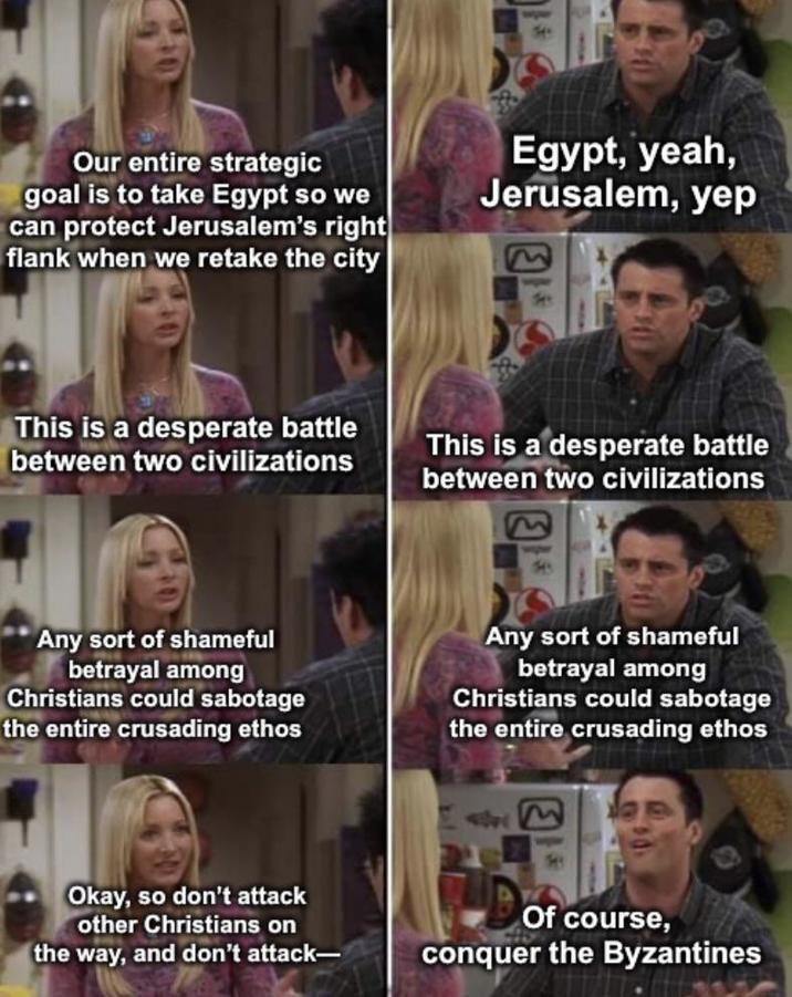 Our entire strategic goal is to take Egypt so we can protect Jerusalem's right flank when we retake the city Egypt, yeah, Jerusalem, yep This is a desperate battle between two civilizations This is a desperate battle between two civilizations E Any sort of shameful betrayal among Christians could sabotage the entire crusading ethos Any sort of shameful betrayal among Christians could sabotage the entire crusading ethos Okay, so don't attack other Christians on the way, and don't attack- Of course, conquer the Byzantines