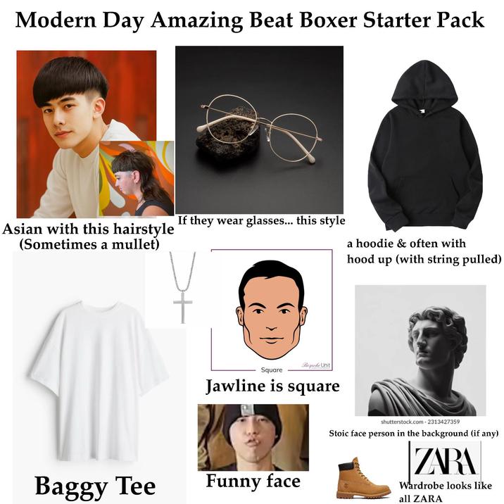 Modern Day Amazing Beat Boxer Starter Pack If they wear glasses... this style Asian with this hairstyle (Sometimes a mullet) Bespoke Un Unit Square Jawline is square Baggy Tee Funny face a hoodie & often with hood up (with string pulled) shutterstock.com 2313427359 Stoic face person in the background (if any) ZARA Wardrobe looks like all ZARA