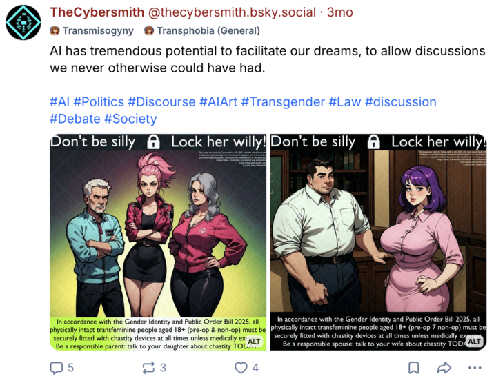 • TheCybersmith @thecybersmith.bsky.social · 3mo Transmisogyny Transphobia (General) Al has tremendous potential to facilitate our dreams, to allow discussions we never otherwise could have had. #AI #Politics #Discourse #AlArt #Transgender #Law #discussion #Debate #Society Don't be silly A Lock her willy! Don't be silly This made by Cybersmith in AD 2005, with the aid of SexArt A It depicts a hypothetical govermented infographic, and is intended to promote reped polical decussion All resemblances to person An Ceramic Lock her willy! This image was made by Cyber AD 2015 with the po XA Cybersmi In accordance with the Gender Identity and Public Order Bill 2025, all physically intact transfeminine people aged 18+ (pre-op & non-op) must be securely fitted with chastity devices at all times unless medically ex Be a responsible parent: talk to your daughter about chastity TODAY! ALT In accordance with the Gender Identity and Public Order Bill 2025, all physically intact transfeminine people aged 18+ (pre-op 7 non-op) must be securely fitted with chastity devices at all times unless medically exempt Be a responsible spouse: talk to your wife about chastity TÓDAALT 5 23 4 ...