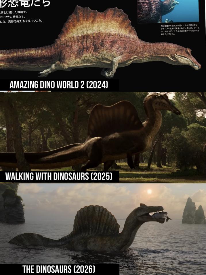 世界とは違った環境で、 ンドワナの恐竜たち。 した、 異形恐竜たちを見ていこう。 同じ地層から全長2m近くにもなる巨大なシー ラカンスの化石が発見されているため、シーラ カンスはスピノサウルスの主食の一つだったと 考えられている。 AMAZING DINO WORLD 2 [2024] WALKING WITH DINOSAURS [2025] THE DINOSAURS [2026]
