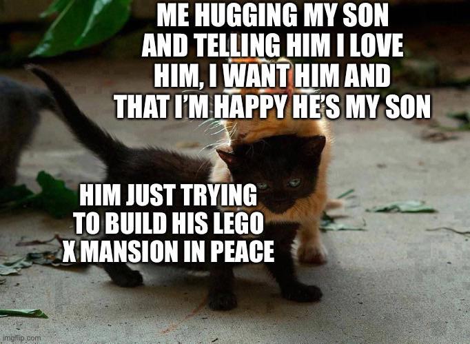 imgflip.com ME HUGGING MY SON AND TELLING HIM I LOVE HIM, I WANT HIM AND THAT I'M HAPPY HE'S MY SON HIM JUST TRYING TO BUILD HIS LEGO X MANSION IN PEACE