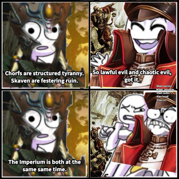 Chorfs are structured tyranny. Skaven are festering ruin. The Imperium is both at the same same time. So lawful evil and chaotic evil, got it. Shen comics Milek Jakubiec Vlad costin Alex boyd Yina cui
