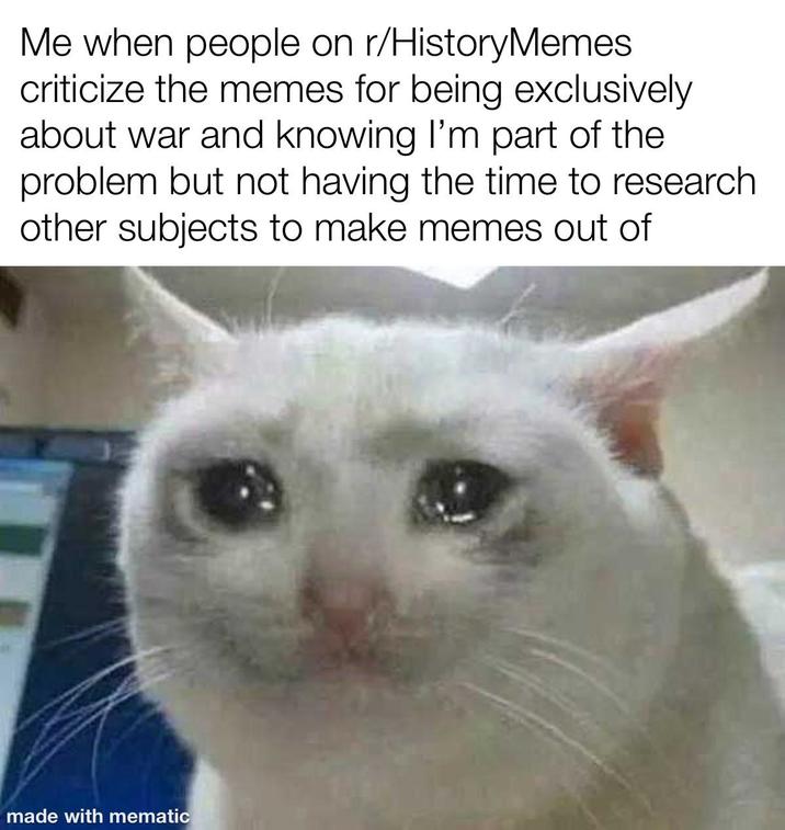 Me when people on r/History Memes criticize the memes for being exclusively about war and knowing I'm part of the problem but not having the time to research. other subjects to make memes out of made with mematic