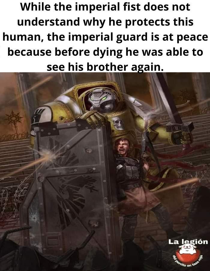 While the imperial fist does not understand why he protects this human, the imperial guard is at peace because before dying he was able to see his brother again. 77784 La legión del perrito on tazza roja