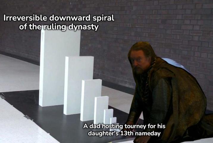 Irreversible downward spiral of the ruling dynasty A dad hosting tourney for his daughter's 13th nameday