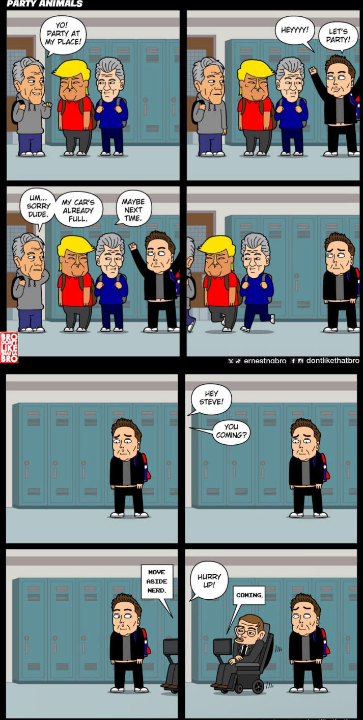 PARTY ANIMALS YO! PARTY AT MY PLACE! HEYYYY! UM... SORRY DUDE. BRO MY CAR'S ALREADY FULL. MAYBE NEXT TIME. 10. LET'S PARTY! X & ernestnabro HEY STEVE! YOU COMING? MOVE ASIDE HURRY UP! NERD. COMING. dontlikethatbro 10%