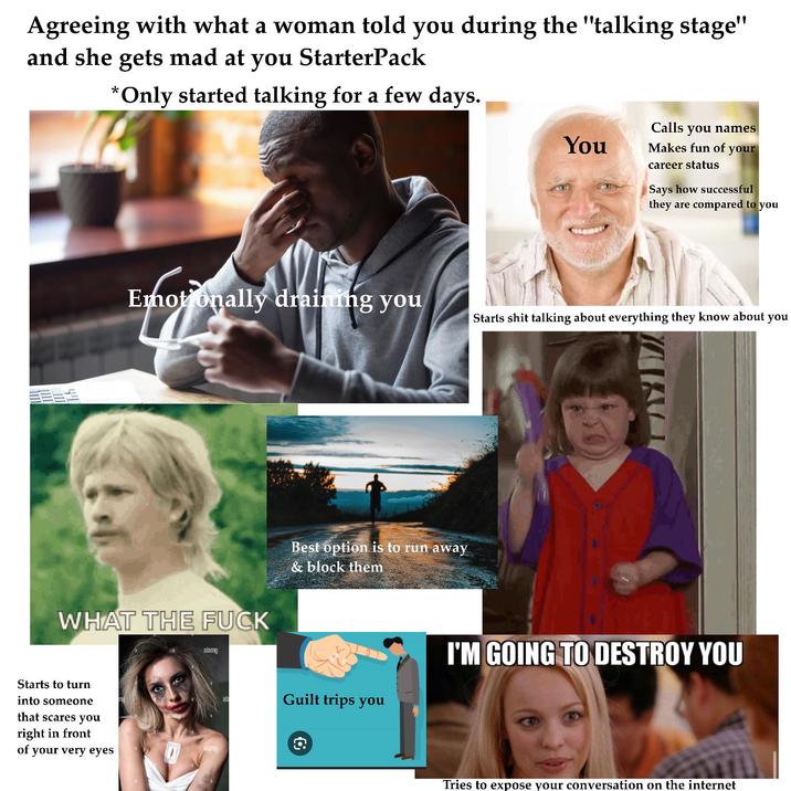 Agreeing with what a woman told you during the "talking stage" and she gets mad at you StarterPack *Only started talking for a few days. You Calls you names Makes fun of your career status Says how successful they are compared to you Emotionally draining you Starts s--- talking about everything they know about you WHAT THE F--- alamy Starts to turn into someone that scares you right in front of your very eyes alamy Best option is to run away & block them ala Guilt trips you G I'M GOING TO DESTROY YOU Tries to expose your conversation on the internet