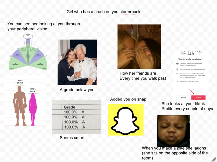 Girl who has a crush on you starterpack wwwwwwwwww You can see her looking at you through your peripheral vision paracentral 30 30° peripheral peripheral 60 mid peripheral mid peripheral 60° far far peripheral peripheral 100-110° Person 2 cm: 187.96 ft: 6'2.00" Person 2 cm: 152.4 ft: 5' 0.00" 100-110° How her friends are Every time you walk past 1⭑Y Turn on profile view history? Others can see that you viewed their profiles in the past 30 days Only you can see who viewed your profile Only viewers who turned on their profile view history and viewed your profile in the past 30 days will be shown You can turn this off at any time A grade below you Added you on snap Grade 100.0% A 100.0% A 100.0% A 100.0% A Seems smart Not now Turn on She looks at your tiktok Profile every couple of days When you make a joke she laughs (she sits on the opposite side of the room)