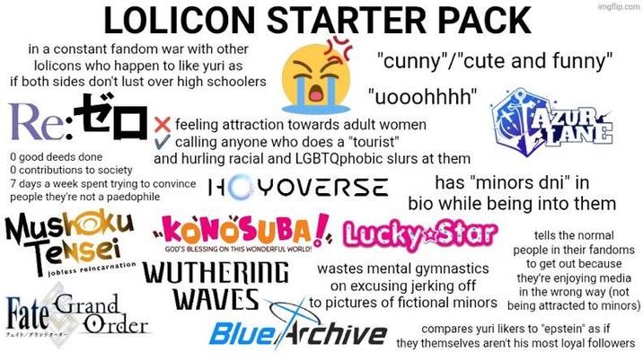 LOLICON STARTER PACK in a constant fandom war with other lolicons who happen to like yuri as if both sides don't lust over high schoolers Re:to 0 good deeds done 0 contributions to society imgflip.com "c----"/"cute and funny" "uooohhhh" feeling attraction towards adult women calling anyone who does a "tourist" and hurling racial and LGBTQphobic slurs at them 7 days a week spent trying to convince HYOVERSE people they're not a p--------- TAZUR LANE has "minors dni" in bio while being into them Mushoku KONOSUBA!, Lucky Star Tensei Jobless reincarnation Fate Grand フェイト/グランドオーダー Order GOD'S BLESSING ON THIS WONDERFUL WORLD! WUTHERING wastes mental gymnastics on excusing jerking off WAVES to pictures of fictional minors Blue Archive tells the normal people in their fandoms to get out because they're enjoying media in the wrong way (not being attracted to minors) compares yuri likers to "epstein" as if they themselves aren't his most loyal followers