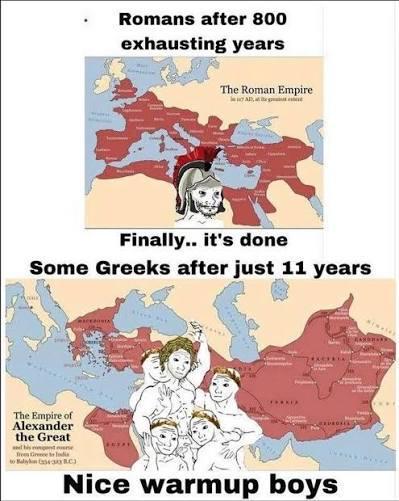 Romans after 800 exhausting years The Roman Empire Finally.. it's done Some Greeks after just 11 years The Empire of Alexander the Great to BC) Nice warmup boys