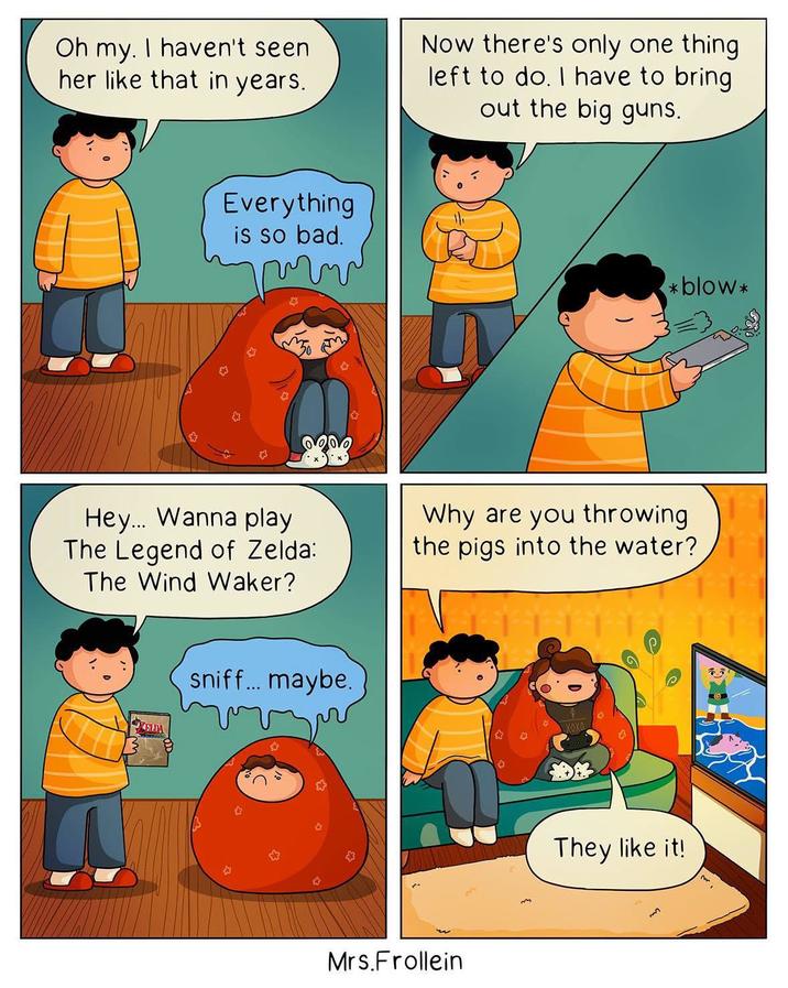Oh my. I haven't seen her like that in years. Everything is so bad. Hey... Wanna play The Legend of Zelda: The Wind Waker? ELDA sniff... maybe. Now there's only one thing left to do. I have to bring out the big guns. *blow* Why are you throwing the pigs into the water? Mrs.Frollein They like it!
