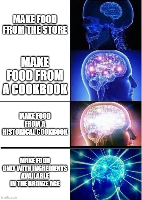 MAKE FOOD FROM THE STORE MAKE FOOD FROM A COOKBOOK MAKE FOOD FROMA HISTORICAL COOKBOOK MAKE FOOD ONLY WITH INGREDIENTS AVAILABLE IN THE BRONZE AGE imgflip.com