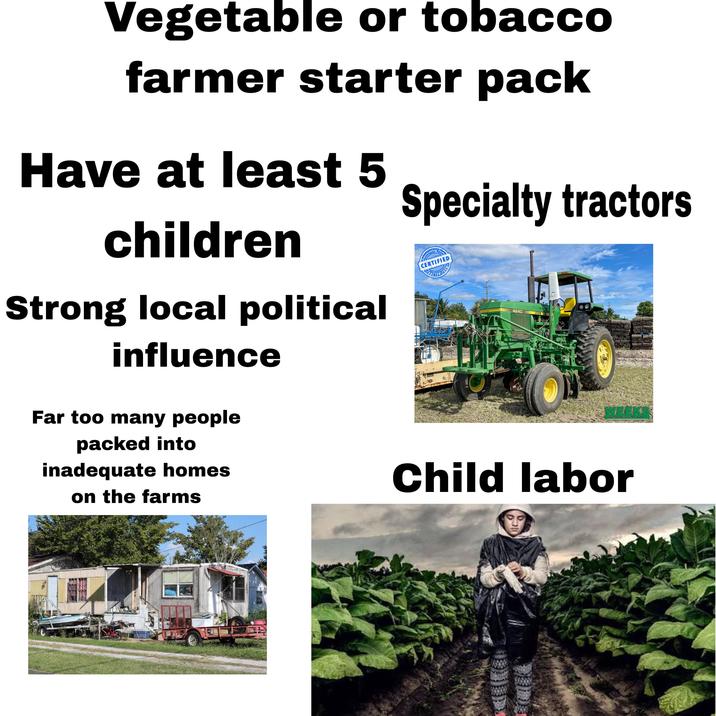 Vegetable or tobacco farmer starter pack Have at least 5 children Strong local political influence Far too many people packed into inadequate homes on the farms Specialty tractors nteres Bron Ating CERTIFIED 4240 JOHN DRE WEEKS Child labor