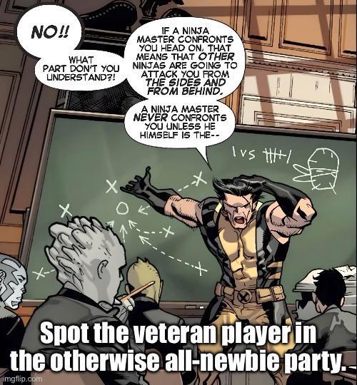 NO!! WHAT PART DON'T YOU UNDERSTAND?! IF A NINJA MASTER CONFRONTS YOU HEAD ON, THAT MEANS THAT OTHER NINJAS ARE GOING TO ATTACK YOU FROM THE SIDES AND FROM BEHIND. A NINJA MASTER NEVER CONFRONTS YOU UNLESS HE HIMSELF IS THE-- * Ivs +/ + Spot the veteran player in the otherwise all-newbie party. imgflip.com
